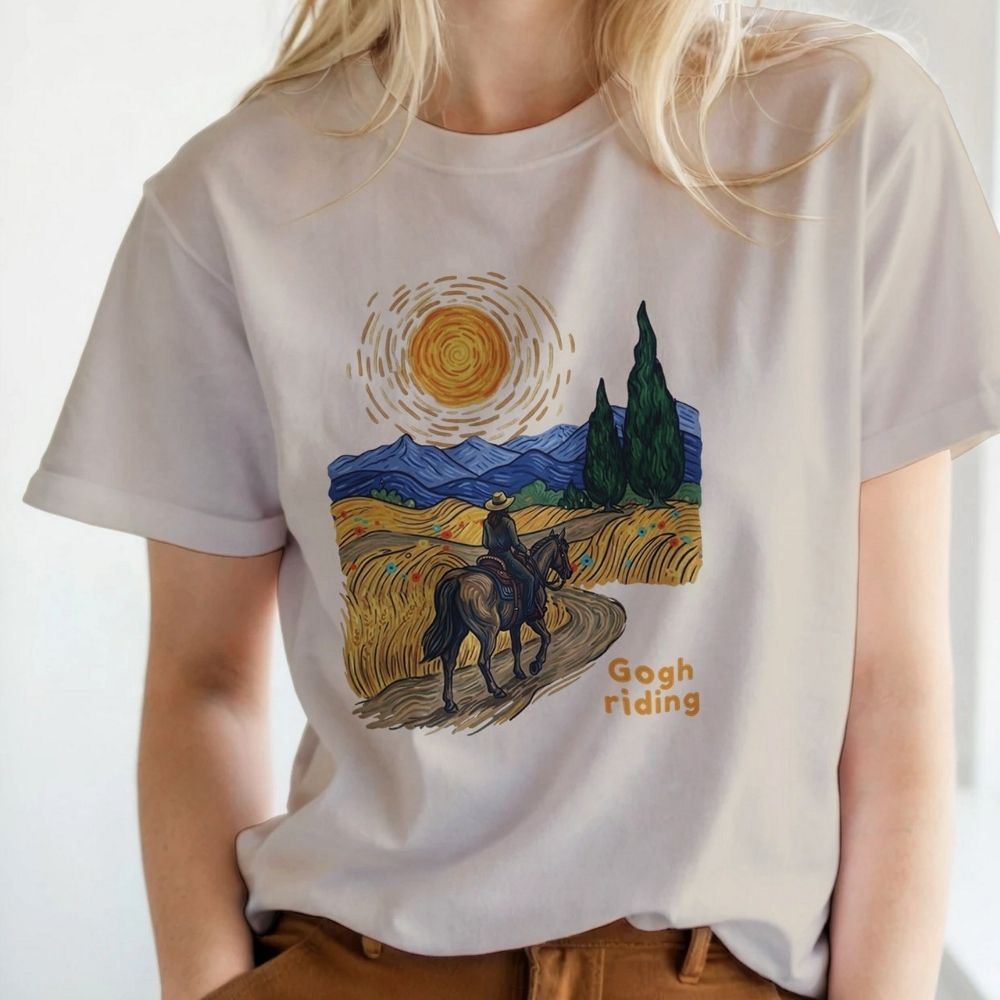 Person wearing a white t-shirt with a horse and landscape design, labeled 'Gogh riding'. Gogh Riding T-Shirt for Horse Lovers, Horse Mom Shirt, Equestrian Wear, everyday barn wear, horse girl shirt, fathers day gift, mothers day