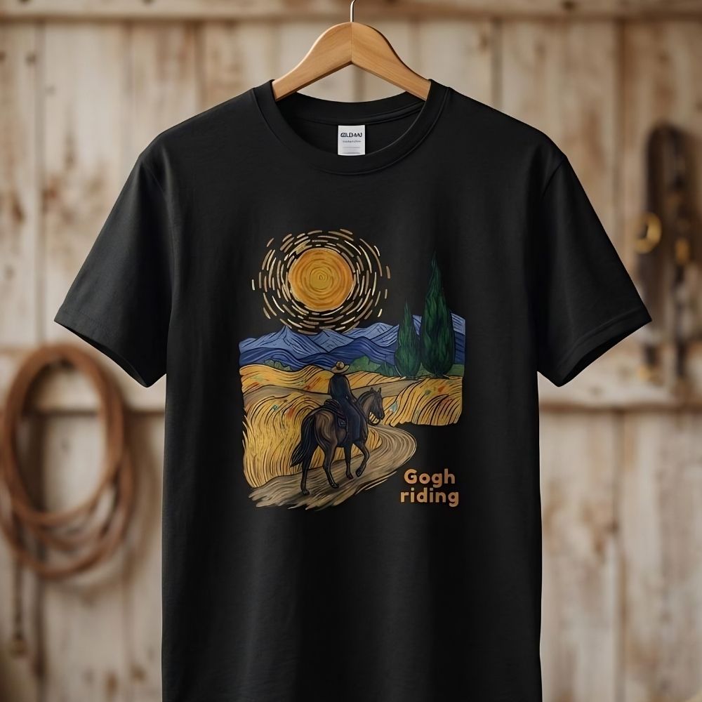 Black t-shirt with a stylized depiction of 'Gogh riding' design in a barn. Gogh Riding T-Shirt for Horse Lovers, Horse Mom Shirt, Equestrian Wear, everyday barn wear, horse girl shirt, fathers day gift, mothers day
