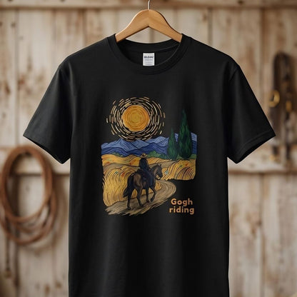 Black t-shirt with a stylized depiction of 'Gogh riding' design in a barn. Gogh Riding T-Shirt for Horse Lovers, Horse Mom Shirt, Equestrian Wear, everyday barn wear, horse girl shirt, fathers day gift, mothers day