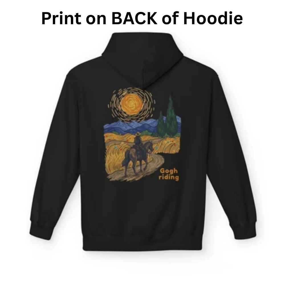 Black hoodie shown from the back with a large graphic print inspired by Van Gogh's Starry Night, featuring a rider on a horse and the text 'Gogh riding'. Text at the top reads 'Print on BACK of Hoodie'.