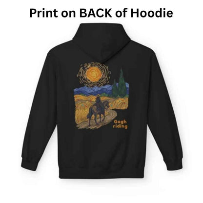 Black hoodie shown from the back with a large graphic print inspired by Van Gogh's Starry Night, featuring a rider on a horse and the text 'Gogh riding'. Text at the top reads 'Print on BACK of Hoodie'.