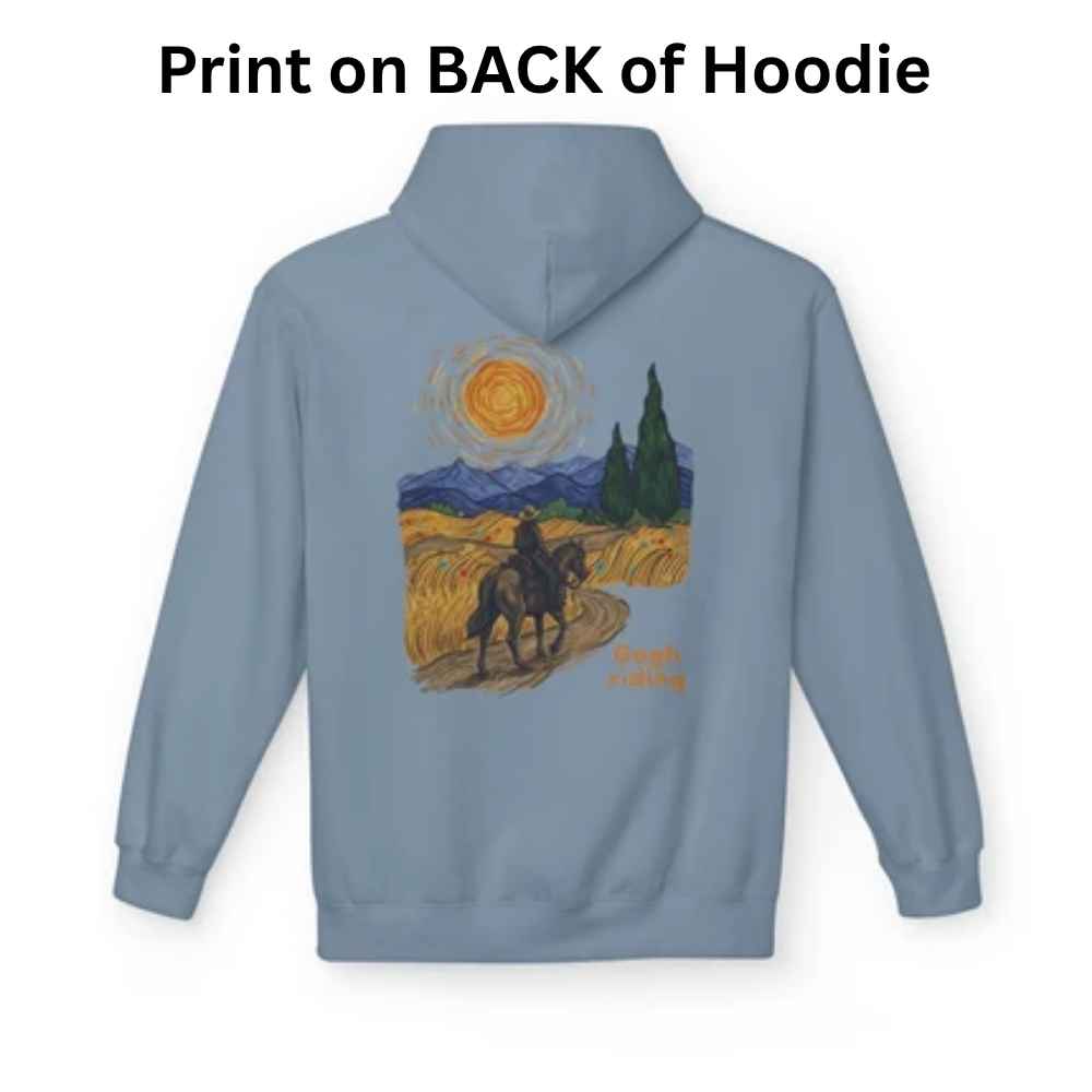 A light blue hoodie shown from the back with a large printed graphic of a Van Gogh-style sunset scene featuring a rider on horseback. The text 'Print on BACK of Hoodie' appears at the top on a white background.