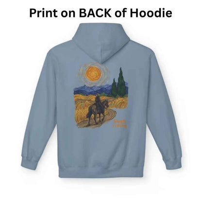 A light blue hoodie shown from the back with a large printed graphic of a Van Gogh-style sunset scene featuring a rider on horseback. The text 'Print on BACK of Hoodie' appears at the top on a white background.