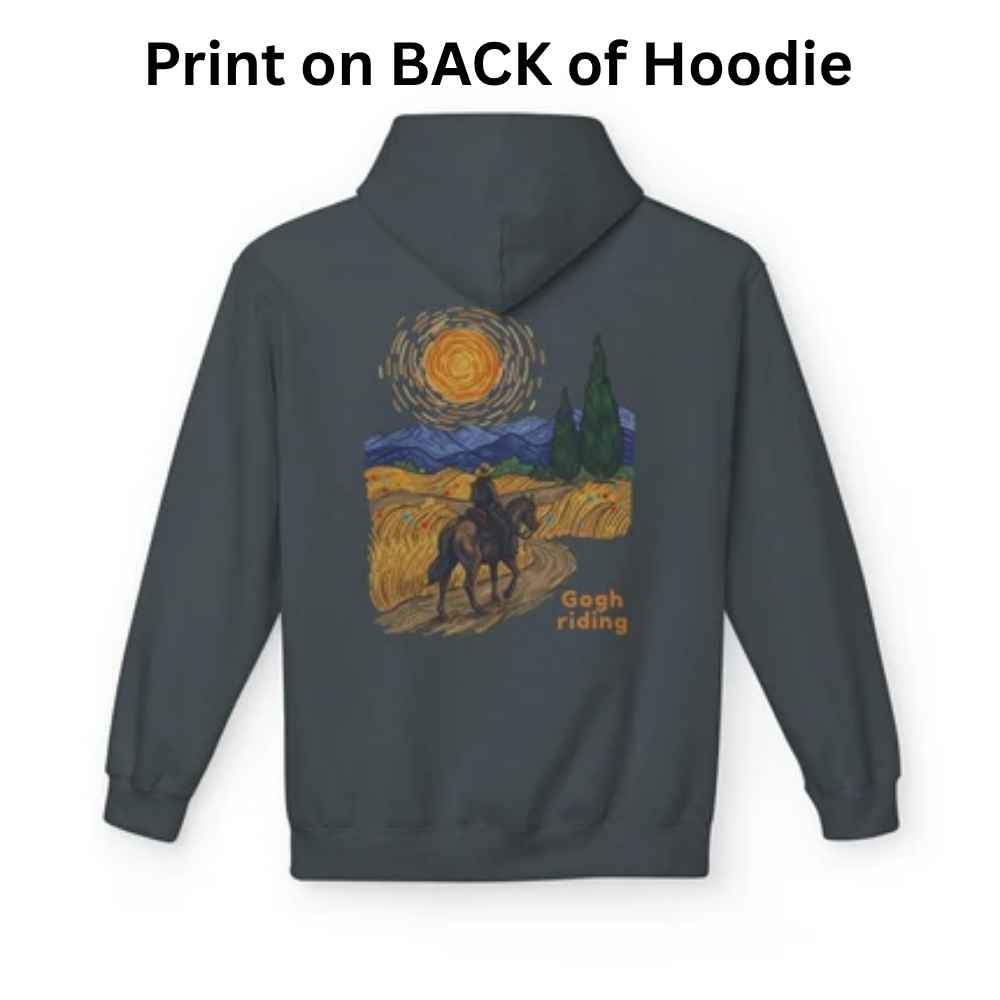 A dark gray hoodie shown from the back with a large printed graphic in a Van Gogh-inspired style. The graphic depicts a rider on horseback through a yellow field under a swirling blue and orange sky, with the text 'Gogh riding' near the lower right of the print.