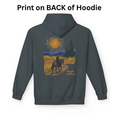 A dark gray hoodie shown from the back with a large printed graphic in a Van Gogh-inspired style. The graphic depicts a rider on horseback through a yellow field under a swirling blue and orange sky, with the text 'Gogh riding' near the lower right of the print.