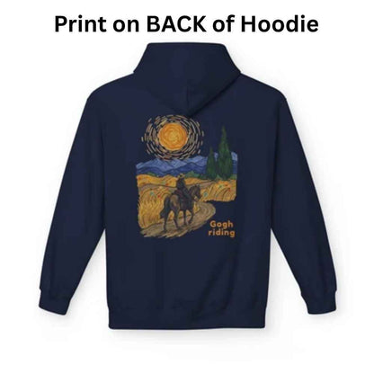A navy blue hoodie shown from the back on a white background, with a large printed graphic in a Van Gogh-inspired style featuring a rider on horseback and the words 'Gogh riding.' Text at the top reads 'Print on BACK of Hoodie.