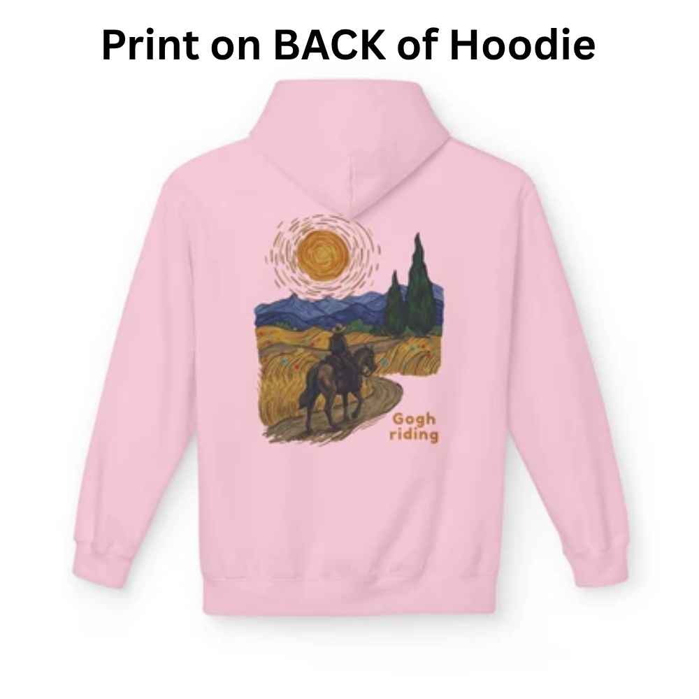 A light pink hoodie shown from the back on a white background, with a printed scenic graphic of a rider on a path under a sun and mountains, plus the text 'Gogh riding.' Large text at the top reads 'Print on BACK of Hoodie.