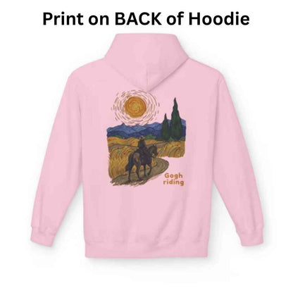 A light pink hoodie shown from the back on a white background, with a printed scenic graphic of a rider on a path under a sun and mountains, plus the text 'Gogh riding.' Large text at the top reads 'Print on BACK of Hoodie.
