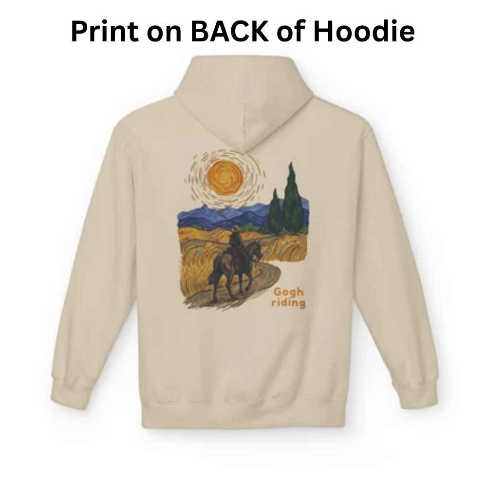 A beige hoodie shown from the back with a large printed graphic of a rider on horseback in a stylized landscape, plus the text 'Print on BACK of Hoodie' above it.