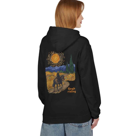 A woman shown from the back wearing a black hoodie with a large Van Gogh-inspired 'Gogh riding' graphic on the back, paired with light blue jeans against a plain white background.
