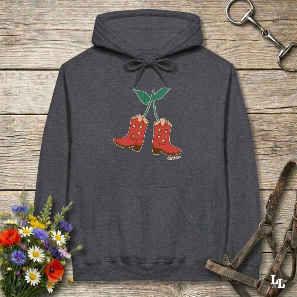 Drak gray Cherry Cowboy Boots Hoodie for Horse Riders, Barn Wear Hoodie, Trail Riding Top, horse girl hoodie, horse mom hoodie, horse lover, horse girl, Funny horse lover gifts, Funny horse hoodies, Horse girl gifts, Equestrian graphic hoodies, fathers day gift, Sarcastic horse hoodie