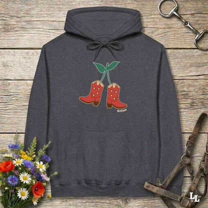 Drak gray Cherry Cowboy Boots Hoodie for Horse Riders, Barn Wear Hoodie, Trail Riding Top, horse girl hoodie, horse mom hoodie, horse lover, horse girl, Funny horse lover gifts, Funny horse hoodies, Horse girl gifts, Equestrian graphic hoodies, fathers day gift, Sarcastic horse hoodie