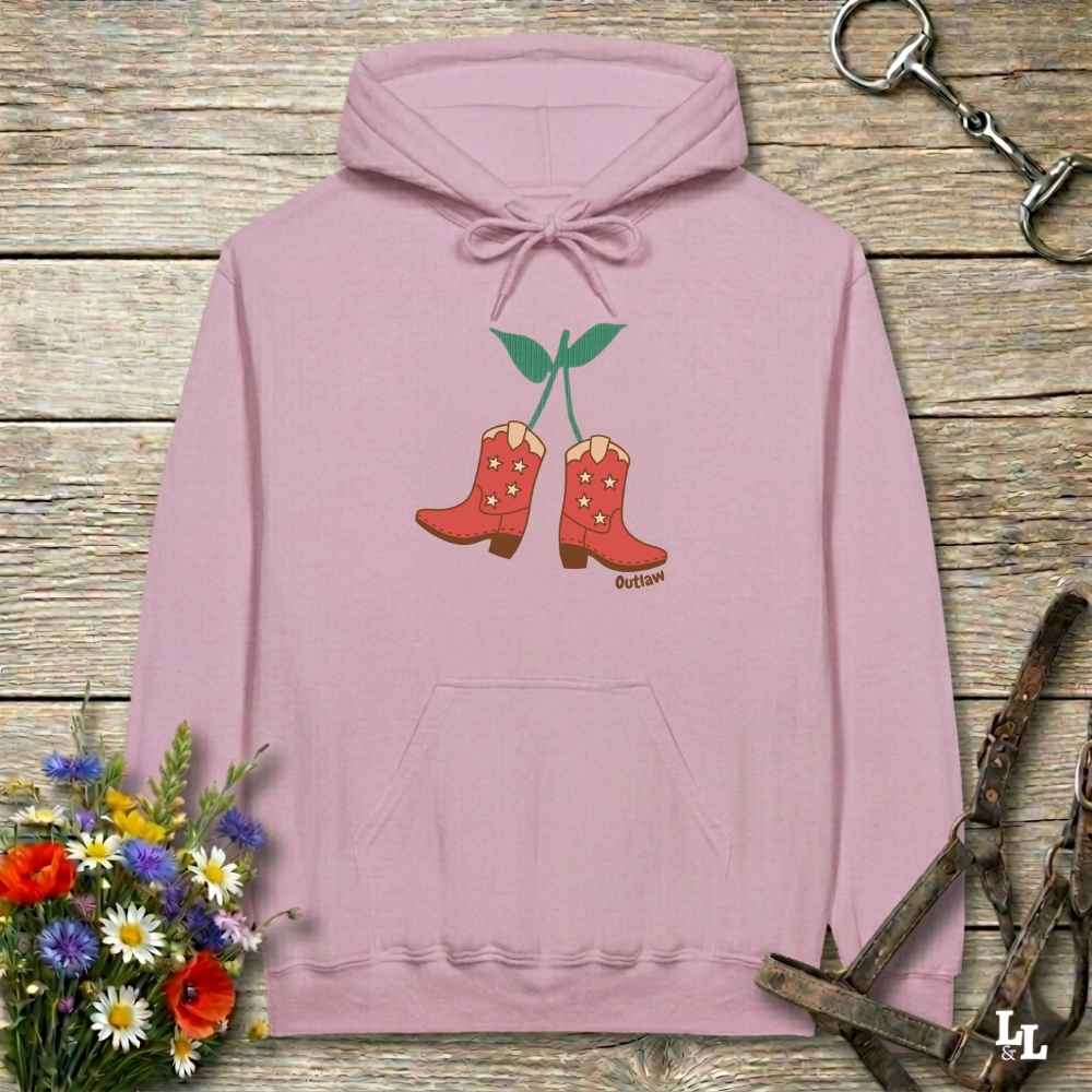 Pink Cherry Cowboy Boots Hoodie for Horse Riders, Barn Wear Hoodie, Trail Riding Top, horse girl hoodie, horse mom hoodie, horse lover, horse girl, Funny horse lover gifts, Funny horse hoodies, Horse girl gifts, Equestrian graphic hoodies, fathers day gift, Sarcastic horse hoodie
