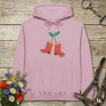Pink Cherry Cowboy Boots Hoodie for Horse Riders, Barn Wear Hoodie, Trail Riding Top, horse girl hoodie, horse mom hoodie, horse lover, horse girl, Funny horse lover gifts, Funny horse hoodies, Horse girl gifts, Equestrian graphic hoodies, fathers day gift, Sarcastic horse hoodie