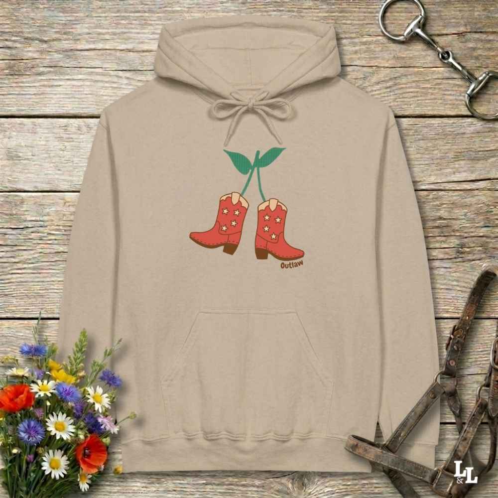 Beige Cherry Cowboy Boots Hoodie for Horse Riders, Barn Wear Hoodie, Trail Riding Top, horse girl hoodie, horse mom hoodie, horse lover, horse girl, Funny horse lover gifts, Funny horse hoodies, Horse girl gifts, Equestrian graphic hoodies, fathers day gift, Sarcastic horse hoodie