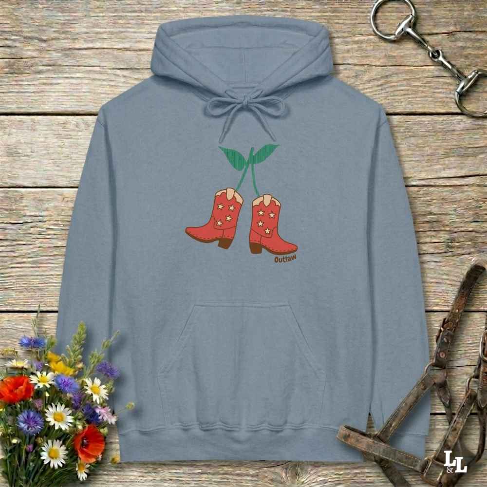 Blue Cherry Cowboy Boots Hoodie for Horse Riders, Barn Wear Hoodie, Trail Riding Top, horse girl hoodie, horse mom hoodie, horse lover, horse girl, Funny horse lover gifts, Funny horse hoodies, Horse girl gifts, Equestrian graphic hoodies, fathers day gift, Sarcastic horse hoodie