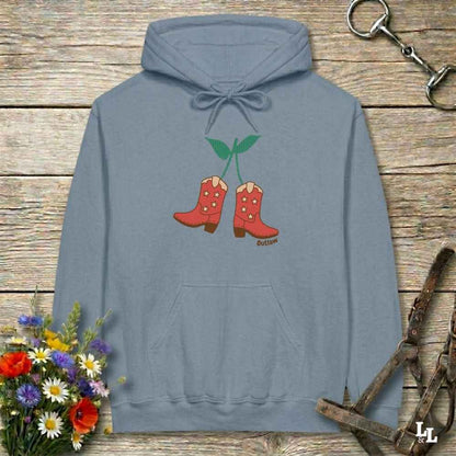 Blue Cherry Cowboy Boots Hoodie for Horse Riders, Barn Wear Hoodie, Trail Riding Top, horse girl hoodie, horse mom hoodie, horse lover, horse girl, Funny horse lover gifts, Funny horse hoodies, Horse girl gifts, Equestrian graphic hoodies, fathers day gift, Sarcastic horse hoodie