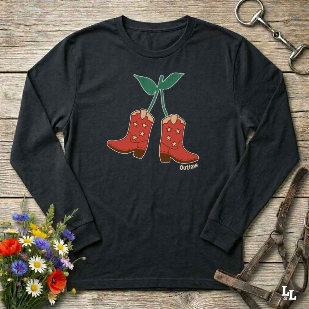 Black Cherry Cowboy Boots Long Sleeve Tee for Horse Lovers, Trail Riding Tee, horse girl shirt, horse mom shirt, horse lover, horse girl, Funny horse lover gifts, Funny horse shirts, Horse girl gifts, Equestrian graphic tees, fathers day gift, Sarcastic horse shirt