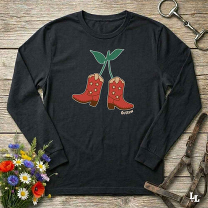 Black Cherry Cowboy Boots Long Sleeve Tee for Horse Lovers, Trail Riding Tee, horse girl shirt, horse mom shirt, horse lover, horse girl, Funny horse lover gifts, Funny horse shirts, Horse girl gifts, Equestrian graphic tees, fathers day gift, Sarcastic horse shirt