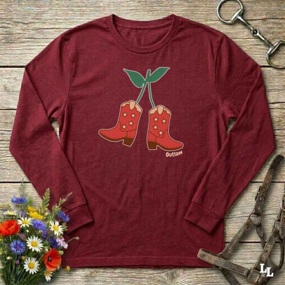 Red Cherry Cowboy Boots Long Sleeve Tee for Horse Lovers, Trail Riding Tee, horse girl shirt, horse mom shirt, horse lover, horse girl, Funny horse lover gifts, Funny horse shirts, Horse girl gifts, Equestrian graphic tees, fathers day gift, Sarcastic horse shirt