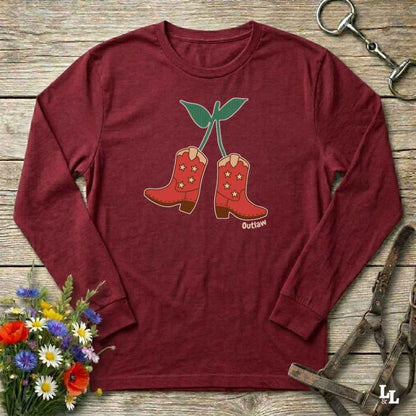 Red Cherry Cowboy Boots Long Sleeve Tee for Horse Lovers, Trail Riding Tee, horse girl shirt, horse mom shirt, horse lover, horse girl, Funny horse lover gifts, Funny horse shirts, Horse girl gifts, Equestrian graphic tees, fathers day gift, Sarcastic horse shirt