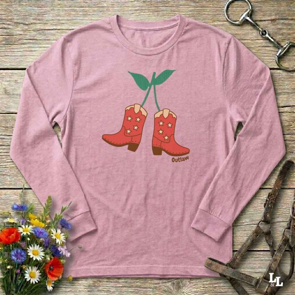 Pink Cherry Cowboy Boots Long Sleeve Tee for Horse Lovers, Trail Riding Tee, horse girl shirt, horse mom shirt, horse lover, horse girl, Funny horse lover gifts, Funny horse shirts, Horse girl gifts, Equestrian graphic tees, fathers day gift, Sarcastic horse shirt