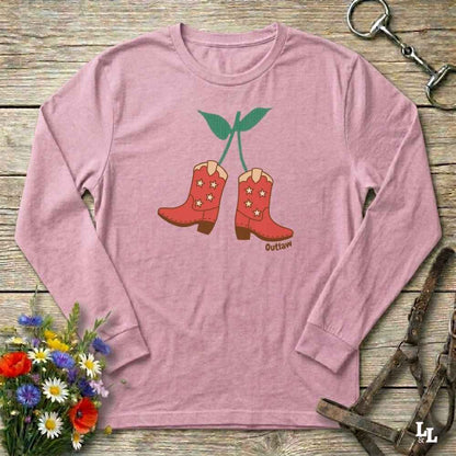 Pink Cherry Cowboy Boots Long Sleeve Tee for Horse Lovers, Trail Riding Tee, horse girl shirt, horse mom shirt, horse lover, horse girl, Funny horse lover gifts, Funny horse shirts, Horse girl gifts, Equestrian graphic tees, fathers day gift, Sarcastic horse shirt