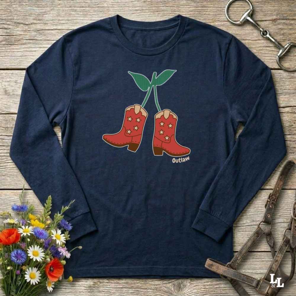 navy Blue Cherry Cowboy Boots Long Sleeve Tee for Horse Lovers, Trail Riding Tee, horse girl shirt, horse mom shirt, horse lover, horse girl, Funny horse lover gifts, Funny horse shirts, Horse girl gifts, Equestrian graphic tees, fathers day gift, Sarcastic horse shirt