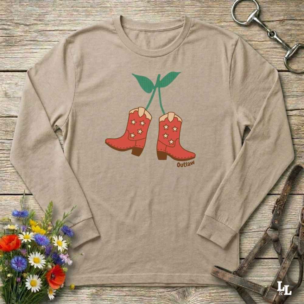 Beige Cherry Cowboy Boots Long Sleeve Tee for Horse Lovers, Trail Riding Tee, horse girl shirt, horse mom shirt, horse lover, horse girl, Funny horse lover gifts, Funny horse shirts, Horse girl gifts, Equestrian graphic tees, fathers day gift, Sarcastic horse shirt