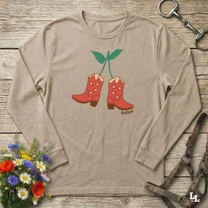 Beige Cherry Cowboy Boots Long Sleeve Tee for Horse Lovers, Trail Riding Tee, horse girl shirt, horse mom shirt, horse lover, horse girl, Funny horse lover gifts, Funny horse shirts, Horse girl gifts, Equestrian graphic tees, fathers day gift, Sarcastic horse shirt