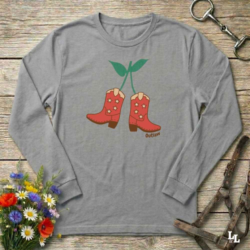 Grey Cherry Cowboy Boots Long Sleeve Tee for Horse Lovers, Trail Riding Tee, horse girl shirt, horse mom shirt, horse lover, horse girl, Funny horse lover gifts, Funny horse shirts, Horse girl gifts, Equestrian graphic tees, fathers day gift, Sarcastic horse shirt