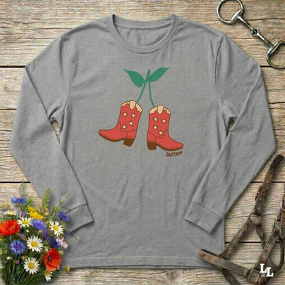 Grey Cherry Cowboy Boots Long Sleeve Tee for Horse Lovers, Trail Riding Tee, horse girl shirt, horse mom shirt, horse lover, horse girl, Funny horse lover gifts, Funny horse shirts, Horse girl gifts, Equestrian graphic tees, fathers day gift, Sarcastic horse shirt