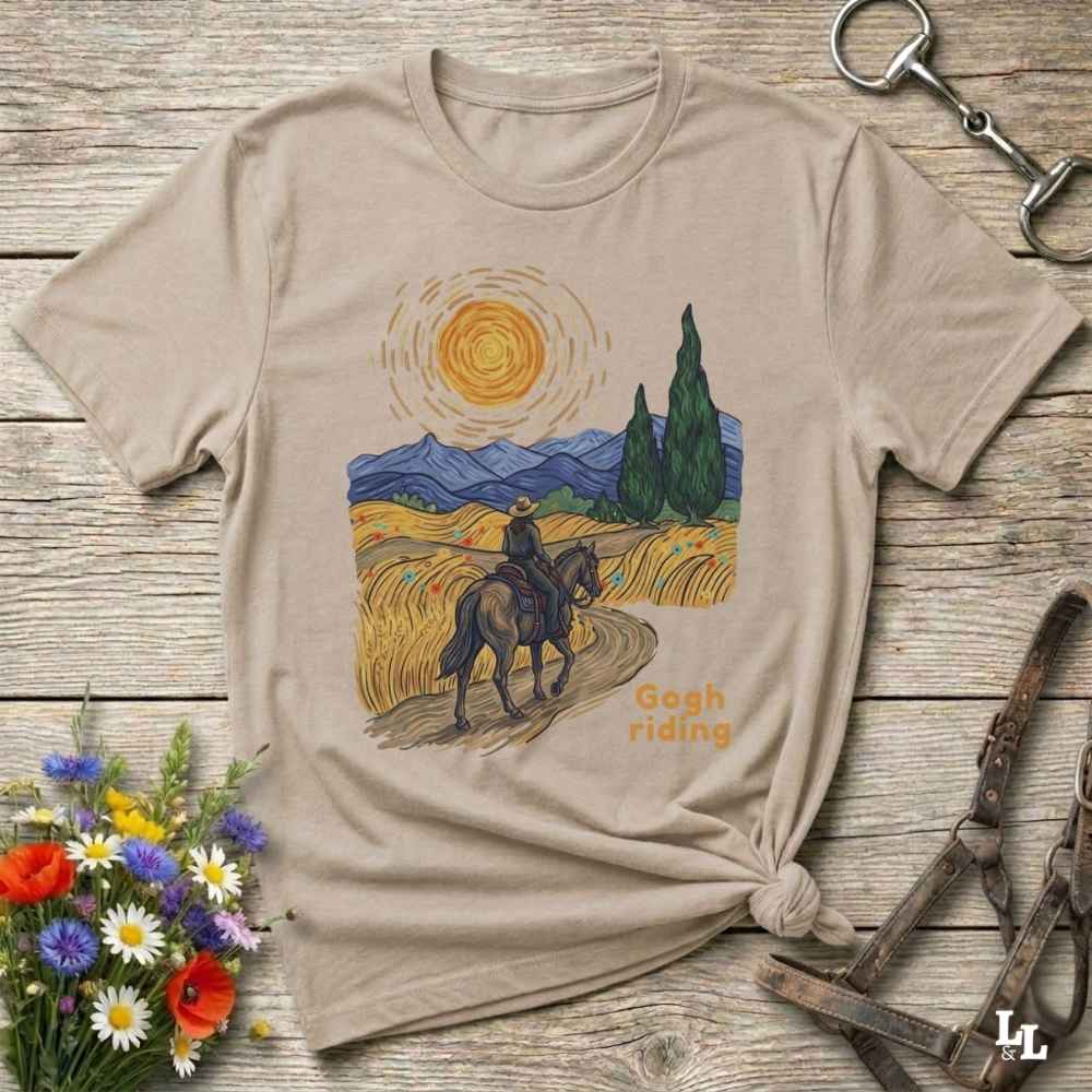beige Gogh Riding T-Shirt for Horse Lovers, Horse Mom Shirt, Equestrian Wear, everyday barn wear, horse girl shirt, fathers day gift, mothers day