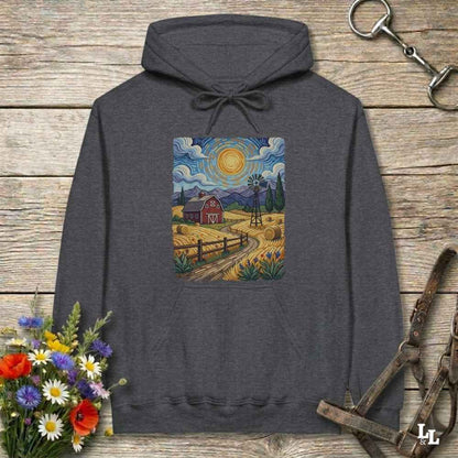 Gray hoodie with a farm scene print on a wooden surface with flowers and horse equipment. Gogh to the Barn.