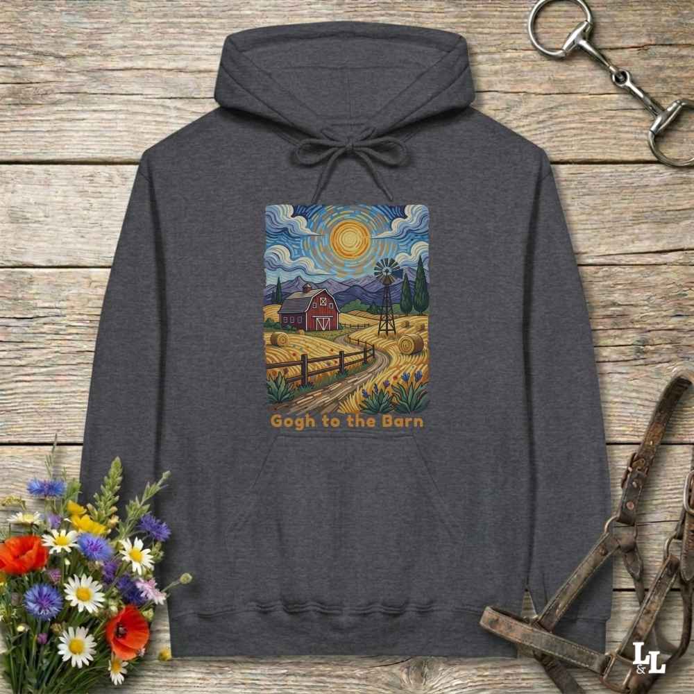 gray hoodie with a farm scene print on a wooden surface with flowers and horse equipment. Gogh to the Barn.