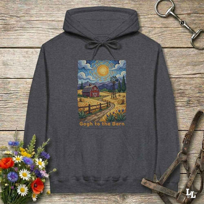 gray hoodie with a farm scene print on a wooden surface with flowers and horse equipment. Gogh to the Barn.