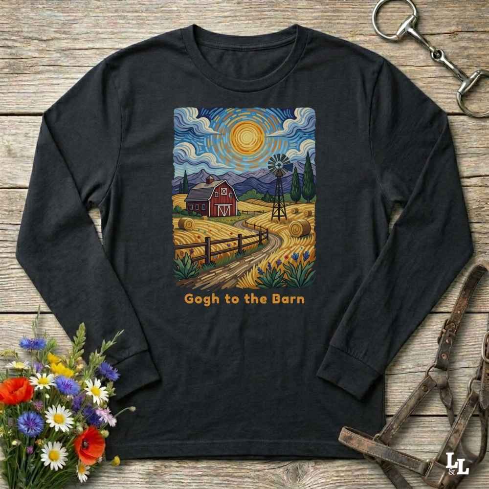black long-sleeve shirt with a farm scene design and 'Gogh to the Barn' text on a wooden surface with flowers and tools. Perfect gift for horse lovers.