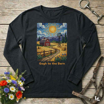 black long-sleeve shirt with a farm scene design and 'Gogh to the Barn' text on a wooden surface with flowers and tools. Perfect gift for horse lovers.
