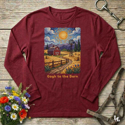 red long-sleeve shirt with a farm scene design and 'Gogh to the Barn' text on a wooden surface with flowers and tools. Perfect gift for horse lovers.
