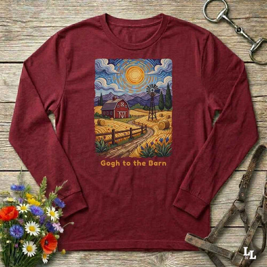 red long-sleeve shirt with a farm scene design and 'Gogh to the Barn' text on a wooden surface with flowers and tools. Perfect gift for horse lovers.