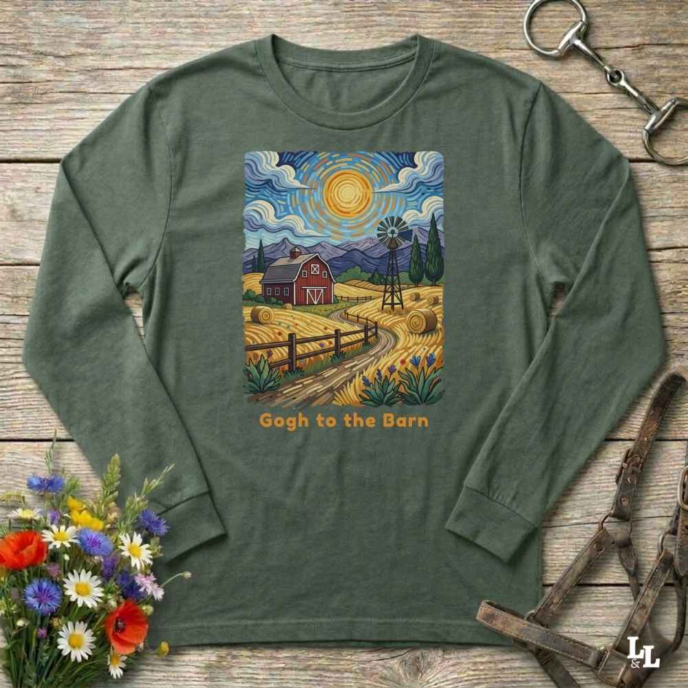 green long-sleeve shirt with a farm scene design and 'Gogh to the Barn' text on a wooden surface with flowers and tools. Perfect gift for horse lovers.