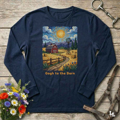 navy blue long-sleeve shirt with a farm scene design and 'Gogh to the Barn' text on a wooden surface with flowers and tools. Perfect gift for horse lovers.
