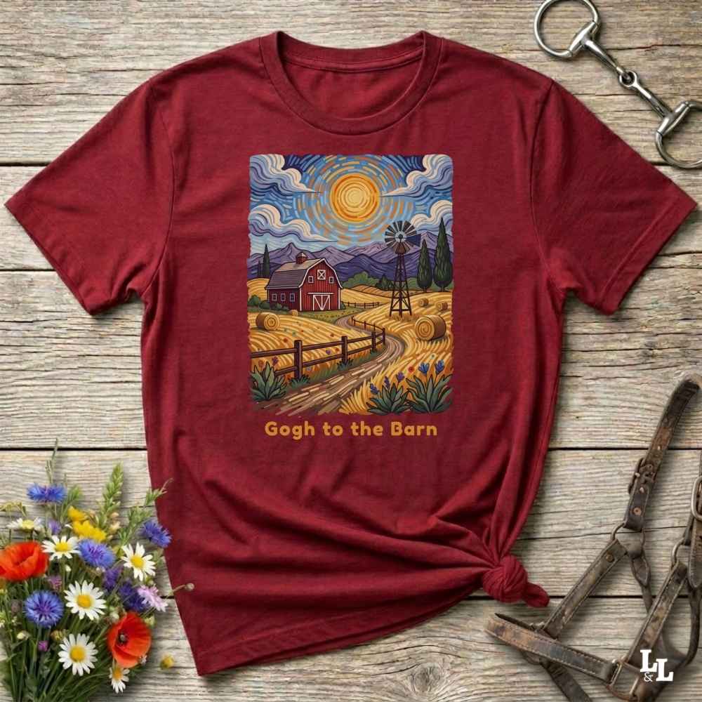 A flat lay mockup of a red t-shirt featuring Van Gogh-inspired landscape art of a farm, with a red barn, windmill, and hay bales under a swirling sun. Below the image, orange text reads, 'Gogh to the Barn.' Ideal horse lover and barn life gift.