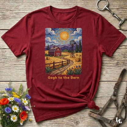 A flat lay mockup of a red t-shirt featuring Van Gogh-inspired landscape art of a farm, with a red barn, windmill, and hay bales under a swirling sun. Below the image, orange text reads, 'Gogh to the Barn.' Ideal horse lover and barn life gift.