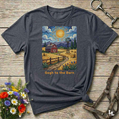 A flat lay mockup of a gray t-shirt featuring Van Gogh-inspired landscape art of a farm, with a red barn, windmill, and hay bales under a swirling sun. Below the image, orange text reads, 'Gogh to the Barn.' Ideal horse lover and barn life gift.