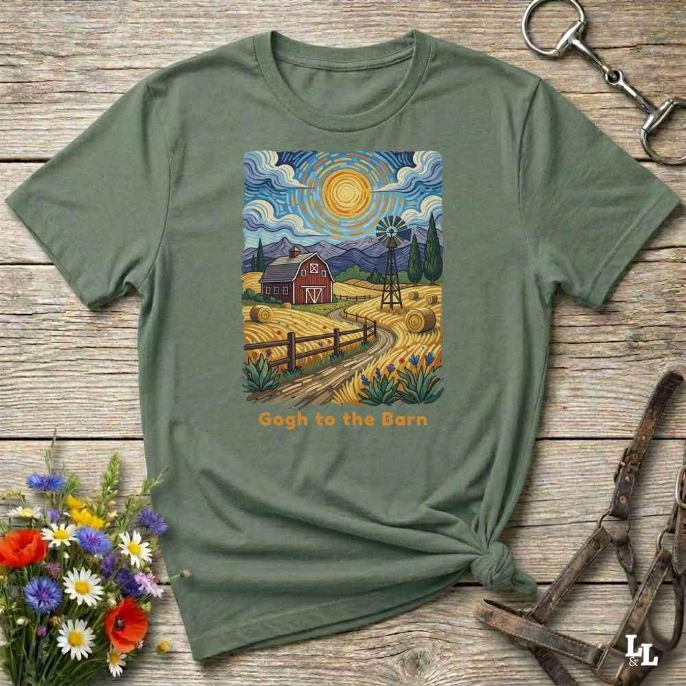 A flat lay mockup of a green t-shirt featuring Van Gogh-inspired landscape art of a farm, with a red barn, windmill, and hay bales under a swirling sun. Below the image, orange text reads, 'Gogh to the Barn.' Ideal horse lover and barn life gift.