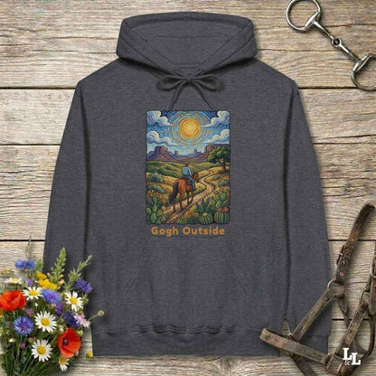 gray Hoodie, Gogh Outside graphic design,  lying on wooden floor with equestrian halter and horse bit