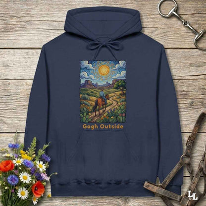 navy blue Hoodie, Gogh Outside graphic design,  lying on wooden floor with equestrian halter and horse bit
