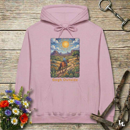 pink Hoodie, Gogh Outside graphic design,  lying on wooden floor with equestrian halter and horse bit