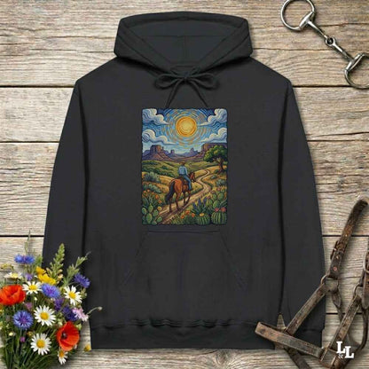 black  Hoodie, Gogh Outside graphic design,  lying on wooden floor with equestrian halter and horse bit